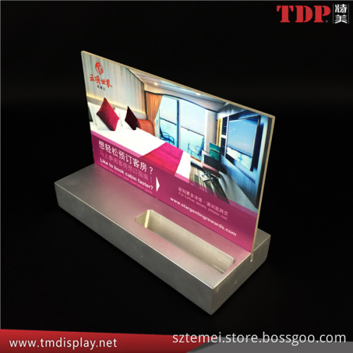 stainless base printed acrylic sign holder for hotel reception booking desk with name card pocket